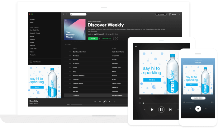 A SmartWater companion ad displayed in place of the original album art. Image: Spotify.